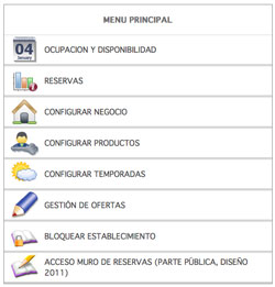 Menu principal de motor de reservas